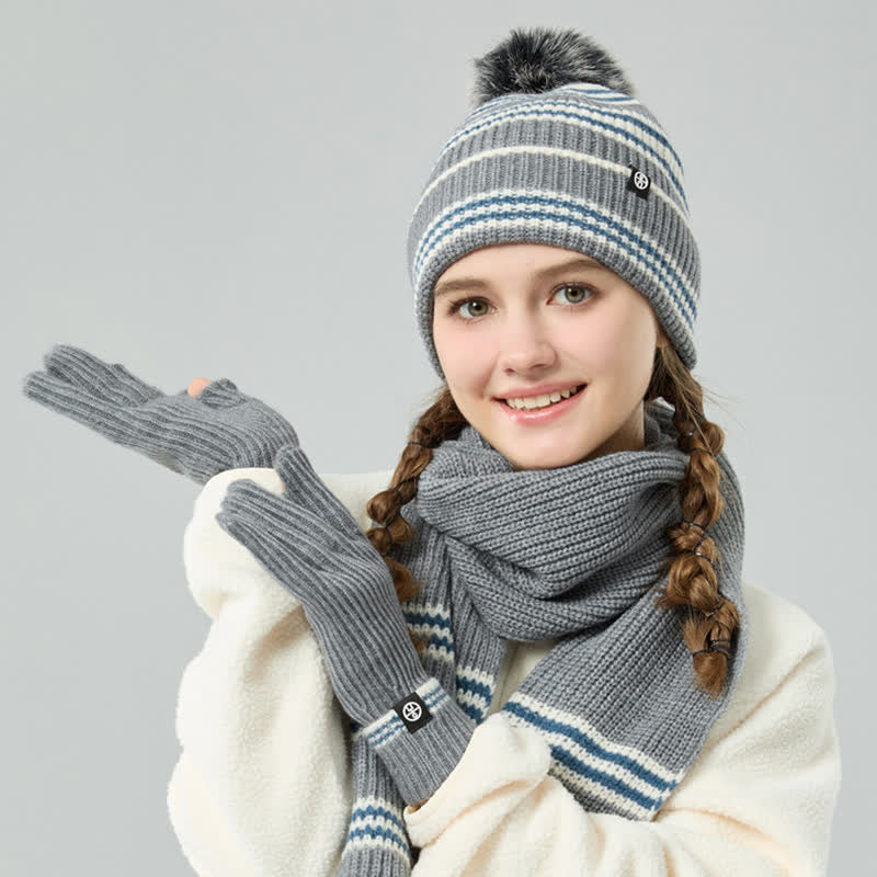 Conjunto de 3 guantes y bufanda de punto con bola de pelo y estampado de rayas unisex