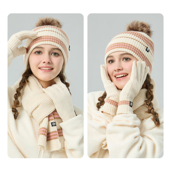 Conjunto de 3 guantes y bufanda de punto con bola de pelo y estampado de rayas unisex