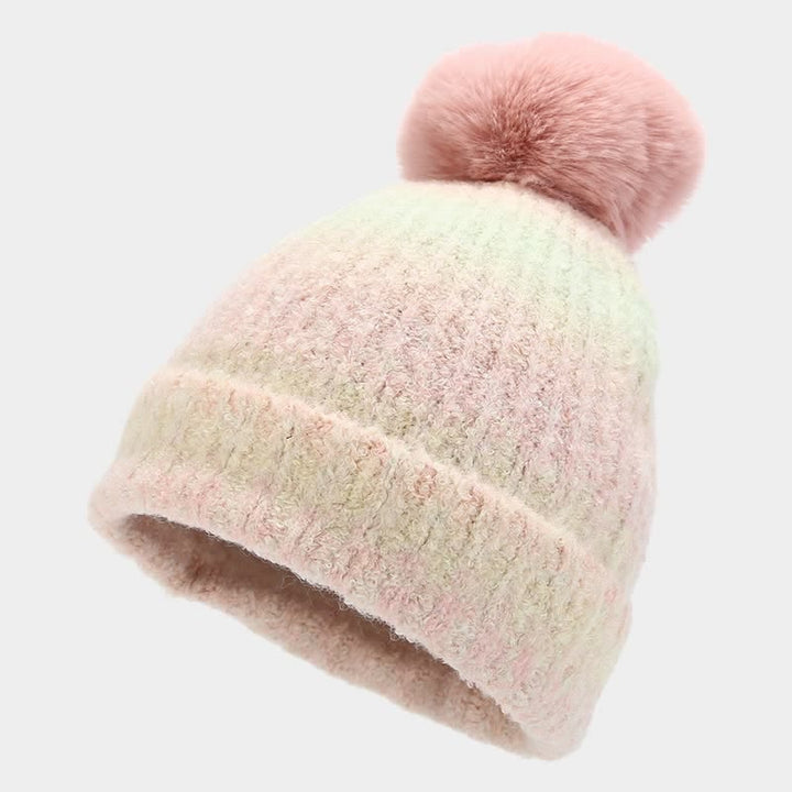 Conjunto de 3 piezas unisex de gorro, bufanda y guantes de punto con bolas de pelo teñido anudado de colores