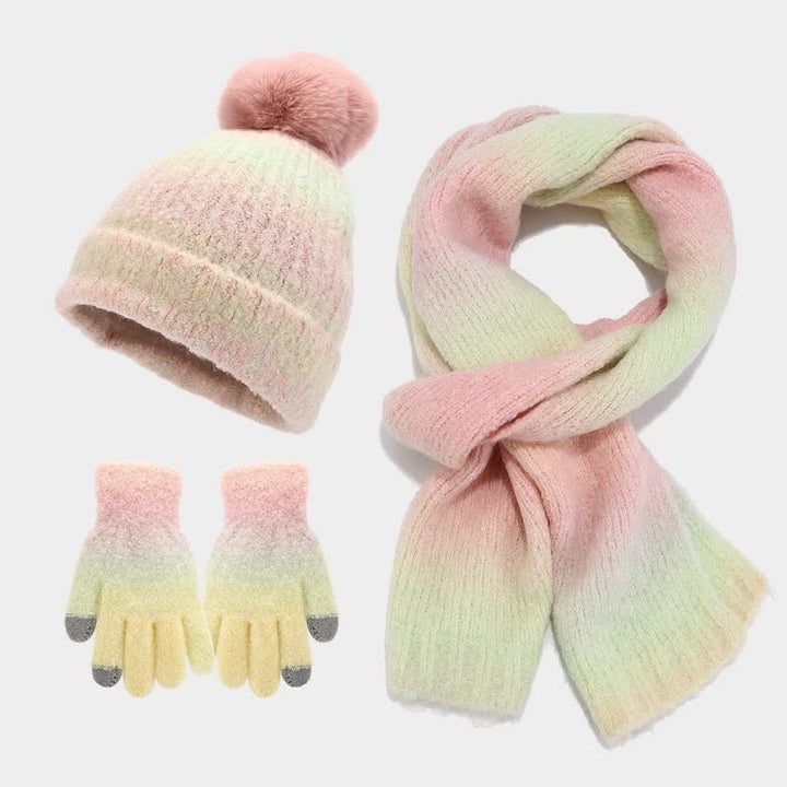 Conjunto de 3 piezas unisex de gorro, bufanda y guantes de punto con bolas de pelo teñido anudado de colores