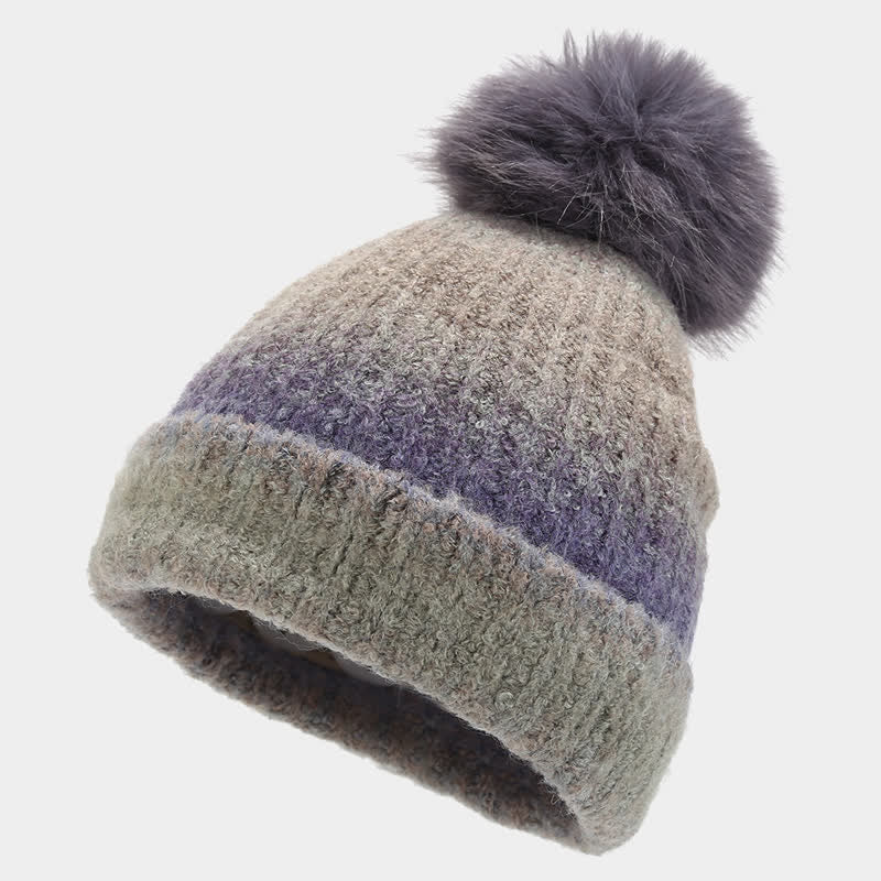 Conjunto de 3 piezas unisex de gorro, bufanda y guantes de punto con bolas de pelo teñido anudado de colores