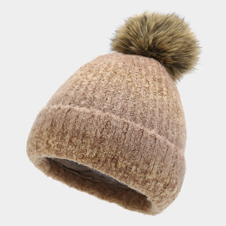 Conjunto de 3 piezas unisex de gorro, bufanda y guantes de punto con bolas de pelo teñido anudado de colores