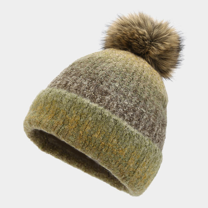 Conjunto de 3 piezas unisex de gorro, bufanda y guantes de punto con bolas de pelo teñido anudado de colores