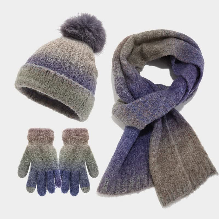 Conjunto de 3 piezas unisex de gorro, bufanda y guantes de punto con bolas de pelo teñido anudado de colores