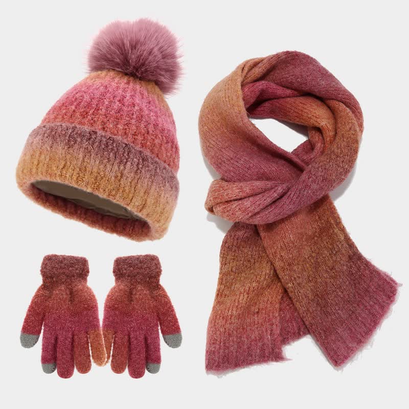 Conjunto de 3 piezas unisex de gorro, bufanda y guantes de punto con bolas de pelo teñido anudado de colores