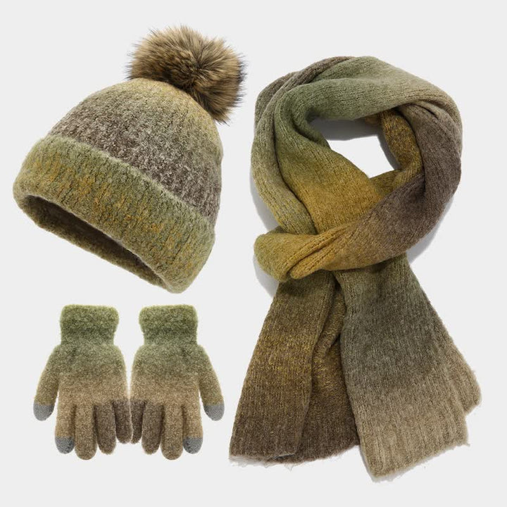 Conjunto de 3 piezas unisex de gorro, bufanda y guantes de punto con bolas de pelo teñido anudado de colores