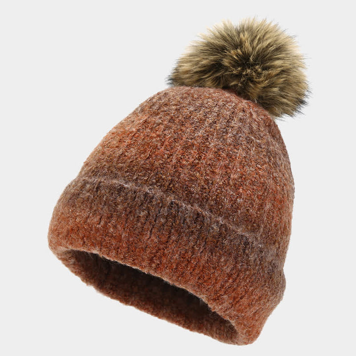 Conjunto de 3 piezas unisex de gorro, bufanda y guantes de punto con bolas de pelo teñido anudado de colores