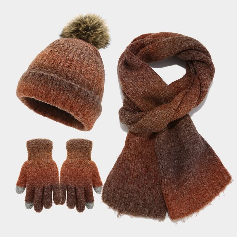 Conjunto de 3 piezas unisex de gorro, bufanda y guantes de punto con bolas de pelo teñido anudado de colores