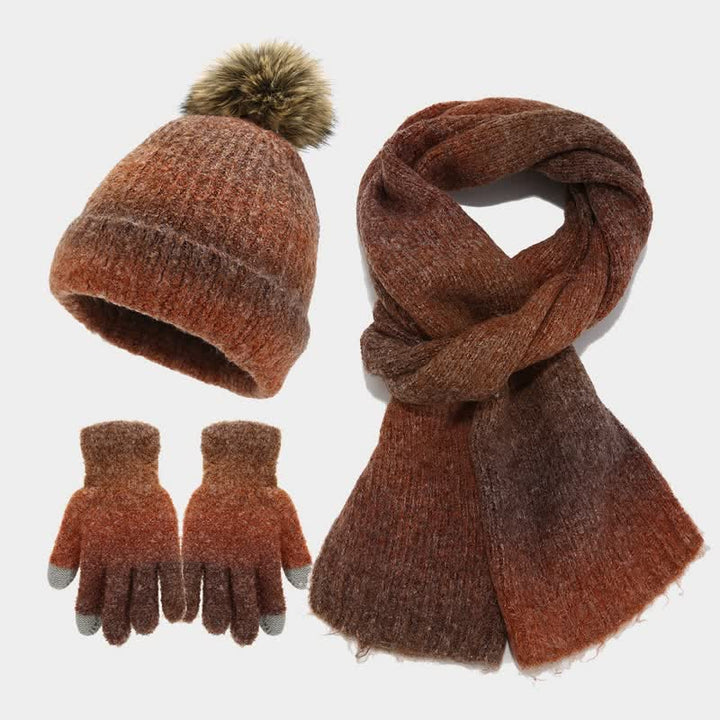 Conjunto de 3 piezas unisex de gorro, bufanda y guantes de punto con bolas de pelo teñido anudado de colores