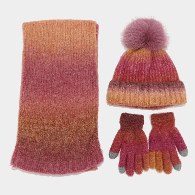 Conjunto de 3 piezas unisex de gorro, bufanda y guantes de punto con bolas de pelo teñido anudado de colores