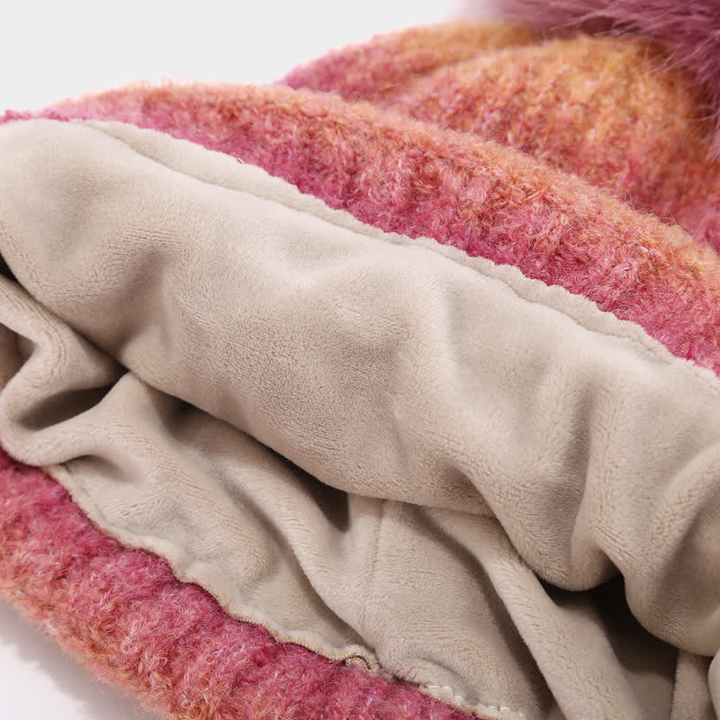 Conjunto de 3 piezas unisex de gorro, bufanda y guantes de punto con bolas de pelo teñido anudado de colores