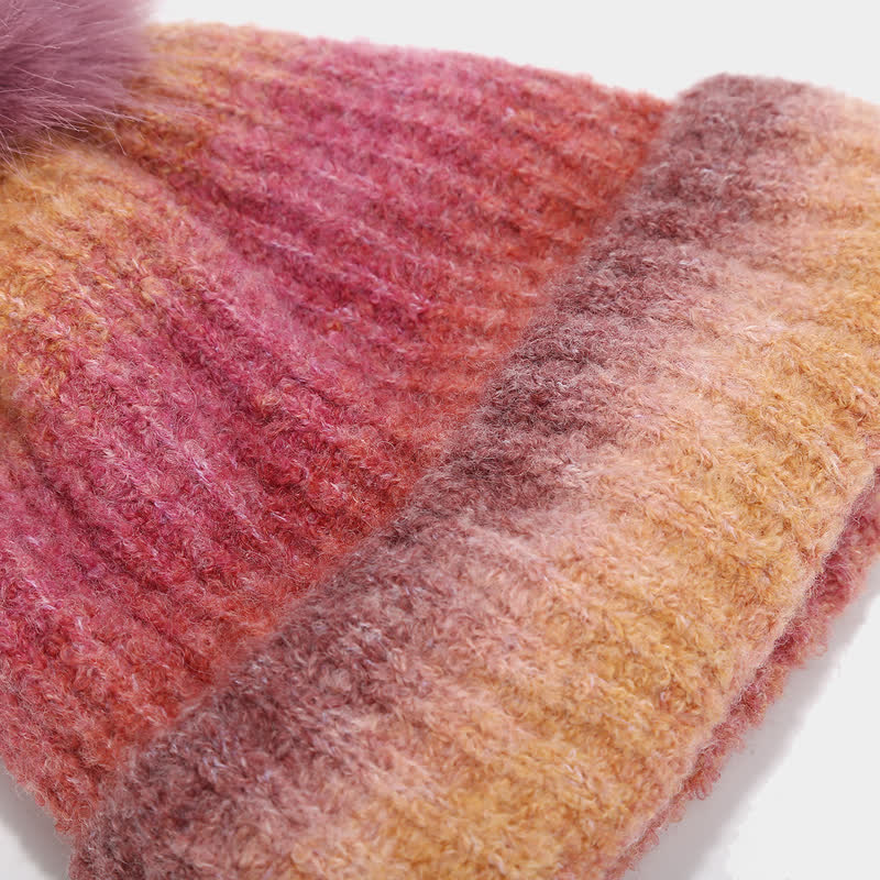 Conjunto de 3 piezas unisex de gorro, bufanda y guantes de punto con bolas de pelo teñido anudado de colores