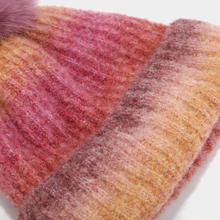 Conjunto de 3 piezas unisex de gorro, bufanda y guantes de punto con bolas de pelo teñido anudado de colores