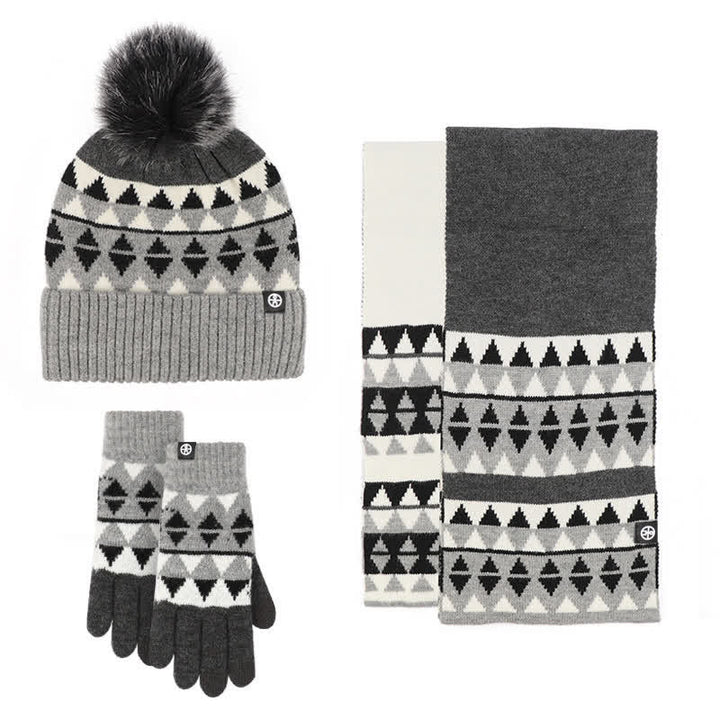 Conjunto de 3 guantes y bufanda de punto con pompón de piel y diseño triangular unisex