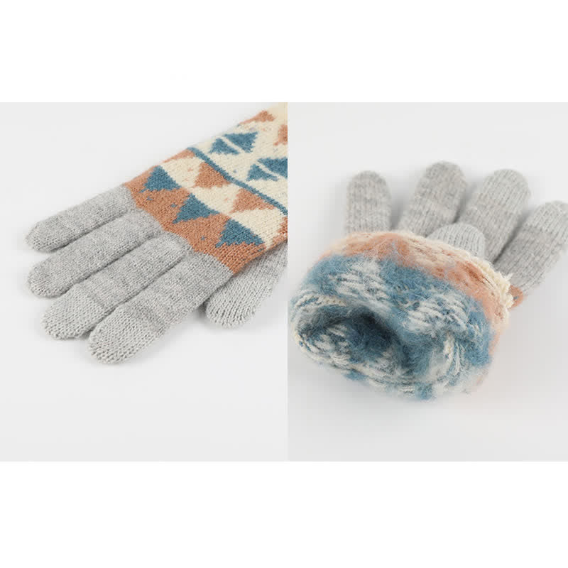 Conjunto de 3 guantes y bufanda de punto con pompón de piel y diseño triangular unisex