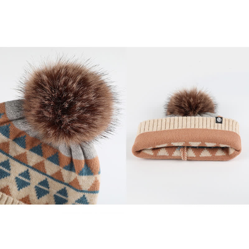 Conjunto de 3 guantes y bufanda de punto con pompón de piel y diseño triangular unisex