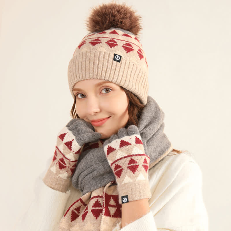Conjunto de 3 guantes y bufanda de punto con pompón de piel y diseño triangular unisex