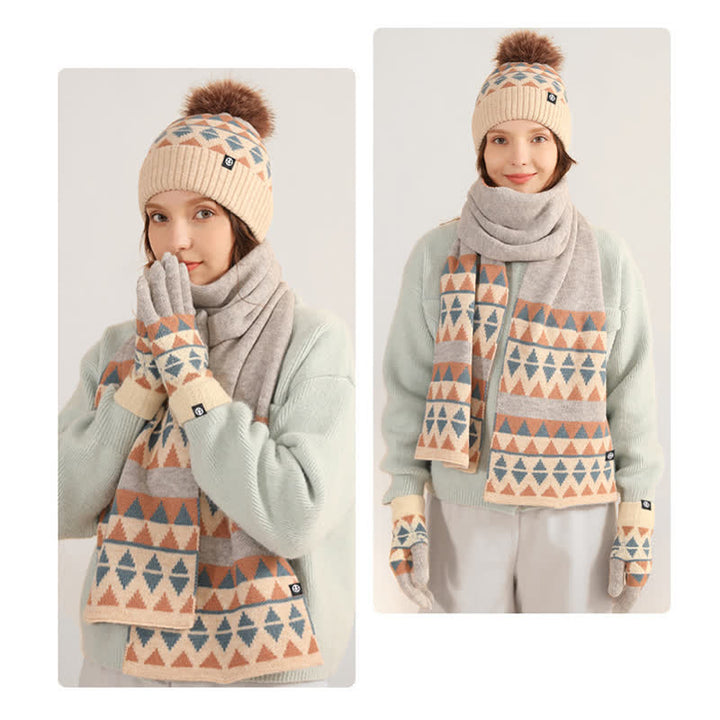 Conjunto de 3 guantes y bufanda de punto con pompón de piel y diseño triangular unisex