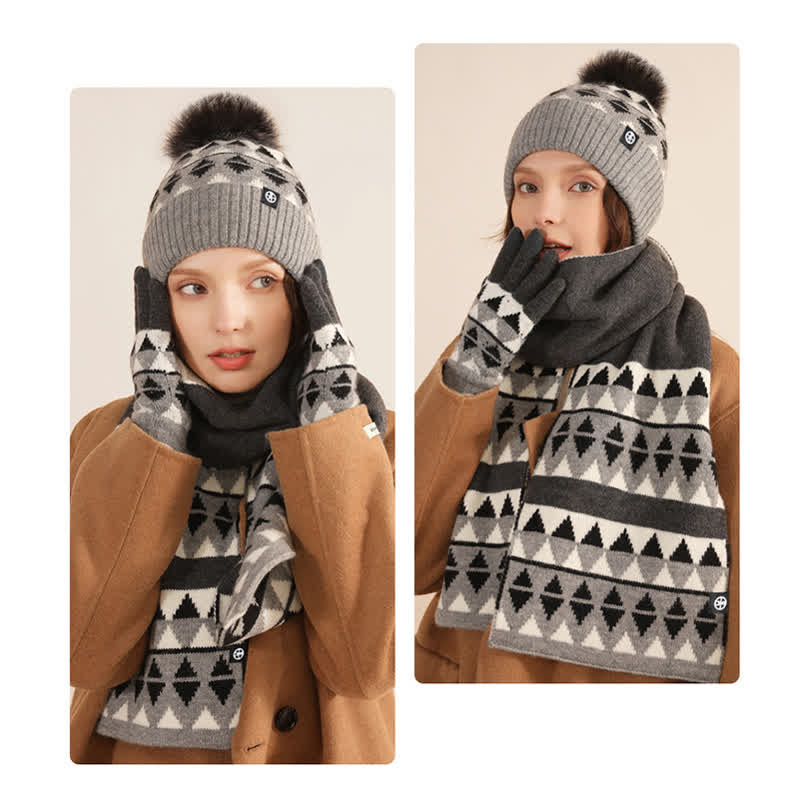 Conjunto de 3 guantes y bufanda de punto con pompón de piel y diseño triangular unisex