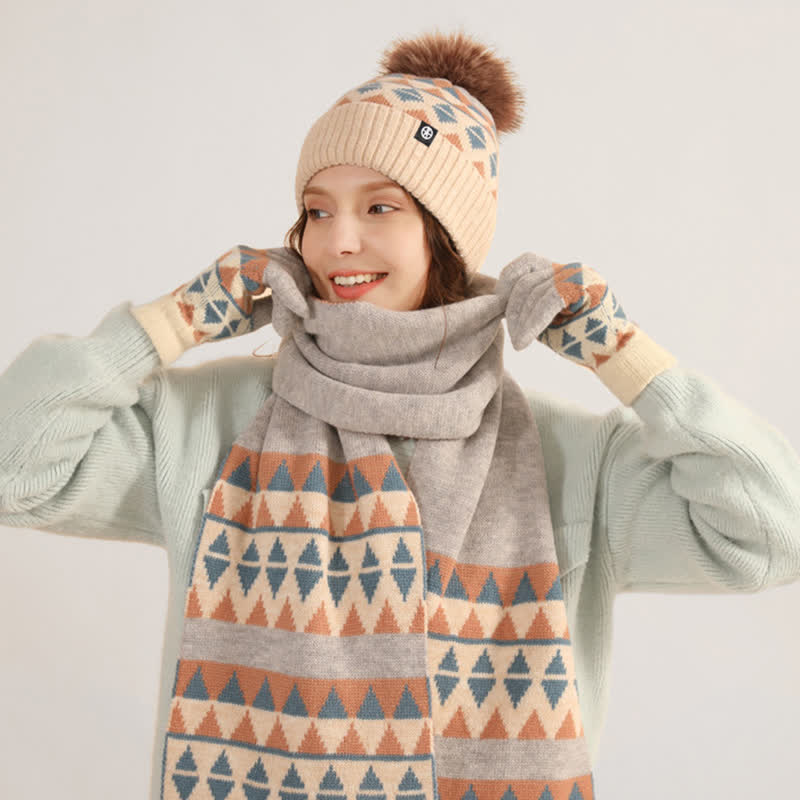 Conjunto de 3 guantes y bufanda de punto con pompón de piel y diseño triangular unisex