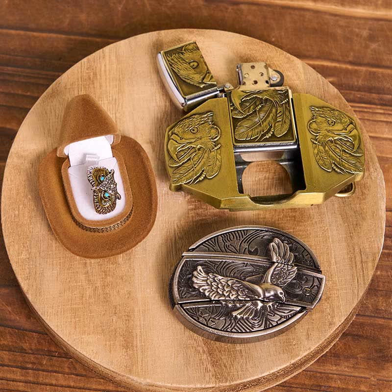 Juego de hebilla de cinturón con encendedor y anillo con temática de águila para armar uno mismo