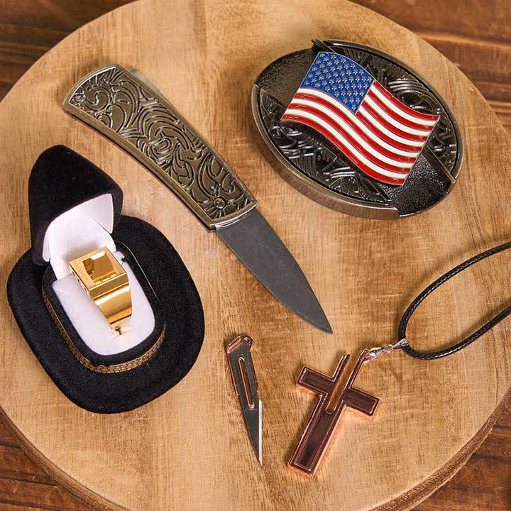 Conjunto de collar con anillo y hoja con hebilla de cinturón y cuchillo oculto con bandera estadounidense DIY