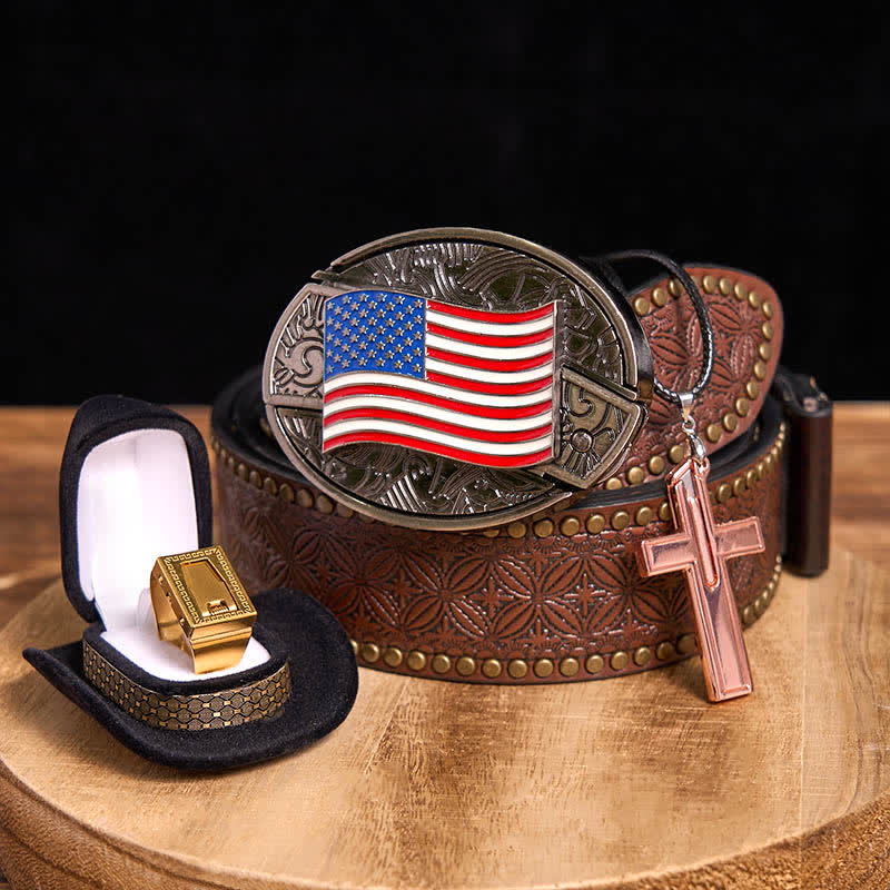 Conjunto de collar con anillo y hoja con hebilla de cinturón y cuchillo oculto con bandera estadounidense DIY