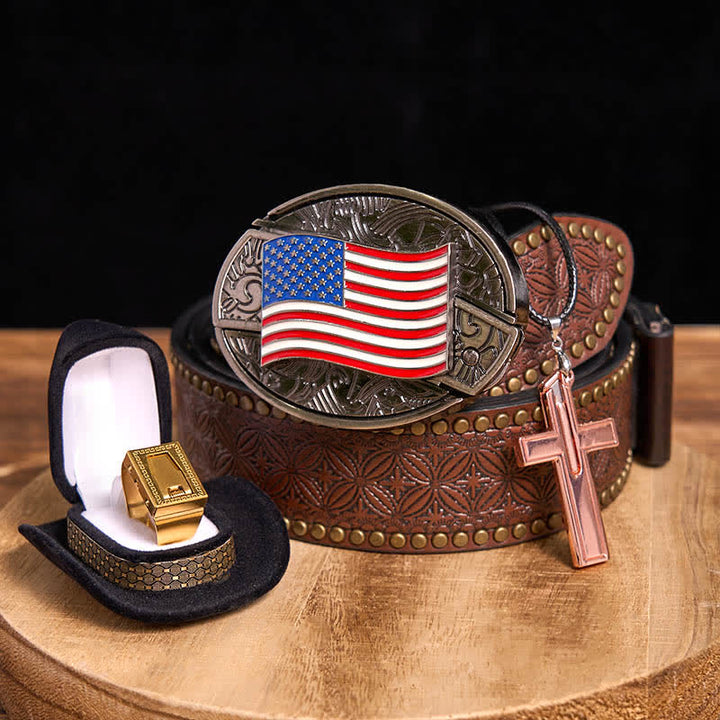 Conjunto de collar con anillo y hoja con hebilla de cinturón y cuchillo oculto con bandera estadounidense DIY