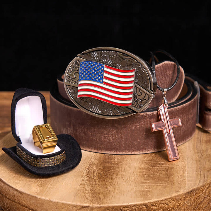 Conjunto de collar con anillo y hoja con hebilla de cinturón y cuchillo oculto con bandera estadounidense DIY