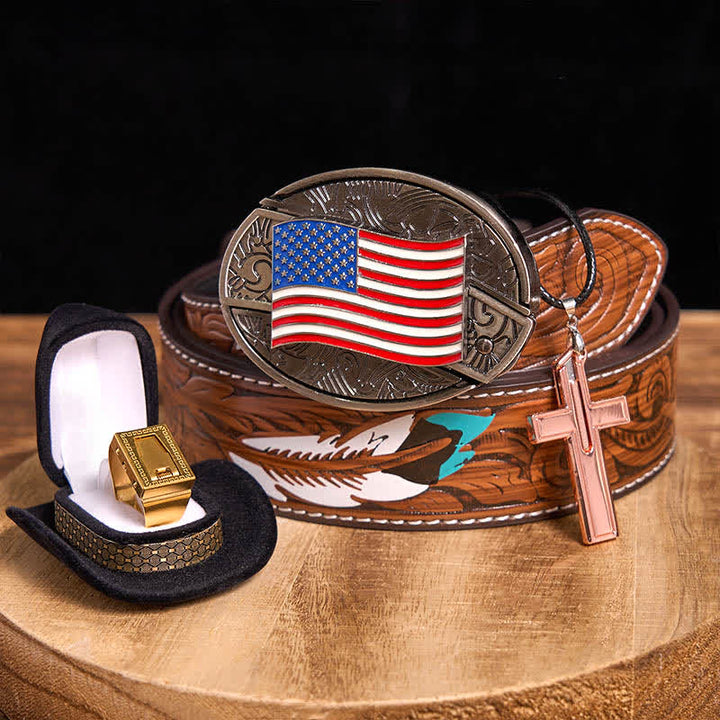 Conjunto de collar con anillo y hoja con hebilla de cinturón y cuchillo oculto con bandera estadounidense DIY