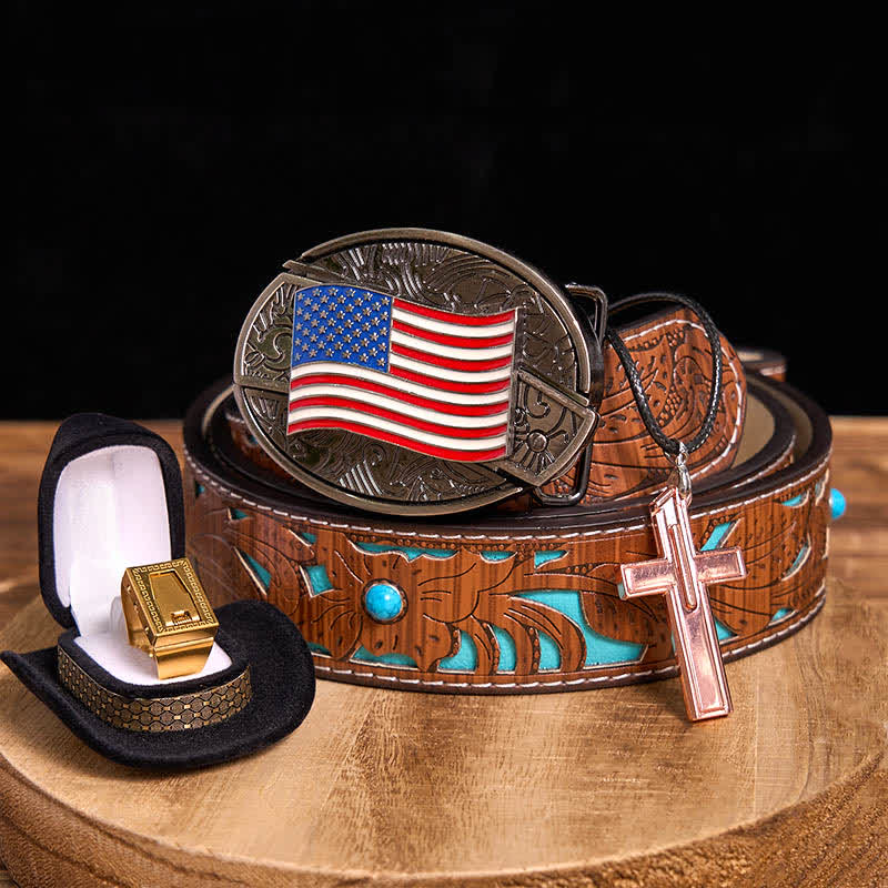 Conjunto de collar con anillo y hoja con hebilla de cinturón y cuchillo oculto con bandera estadounidense DIY