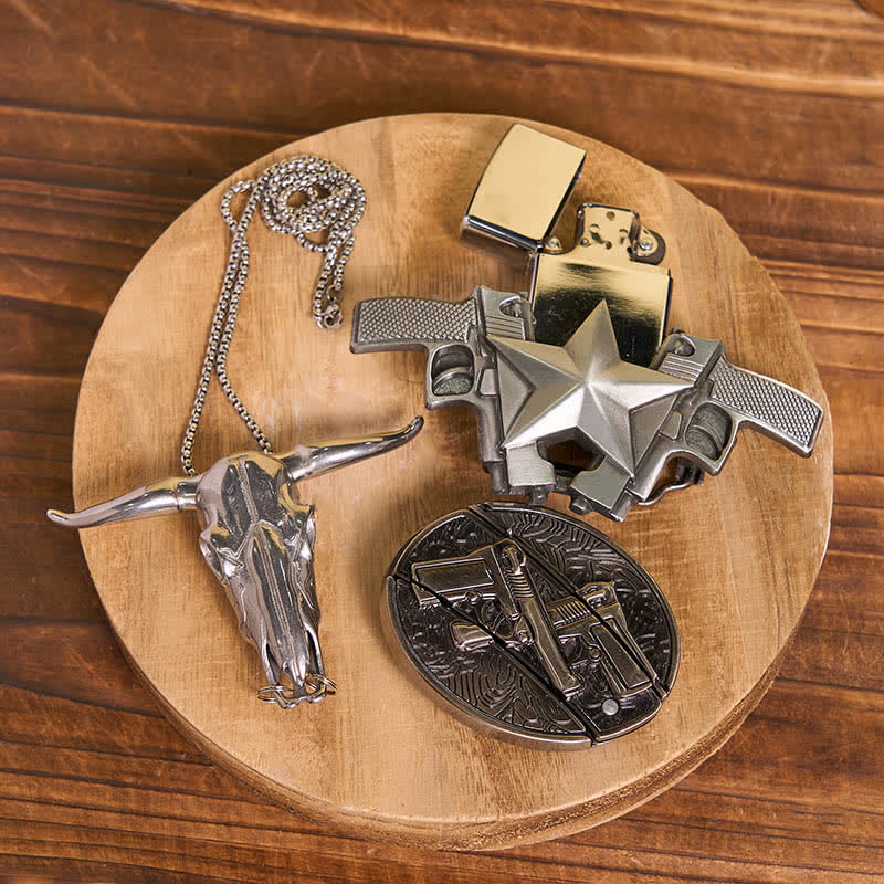 Conjunto de encendedor de queroseno con hebilla de cinturón y colgante de anillo de toro con cuchillo oculto y pistolas DIY