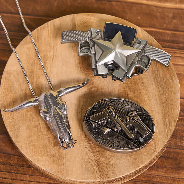 Conjunto de encendedor de queroseno con hebilla de cinturón y colgante de toro con cuchillo oculto y pistola doble DIY