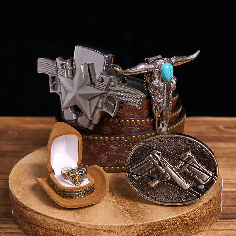 Juego de colgante de toro turquesa con arma, cuchillo oculto, hebilla de cinturón, anillo y encendedor
