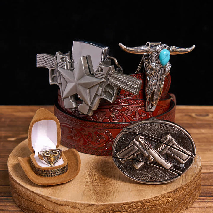 Juego de colgante de toro turquesa con arma, cuchillo oculto, hebilla de cinturón, anillo y encendedor