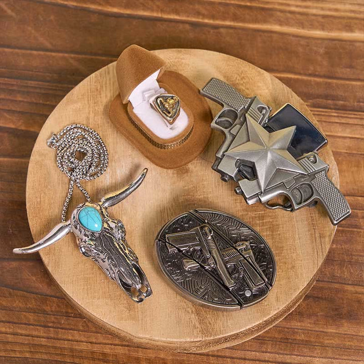 Juego de colgante de toro turquesa con arma, cuchillo oculto, hebilla de cinturón, anillo y encendedor