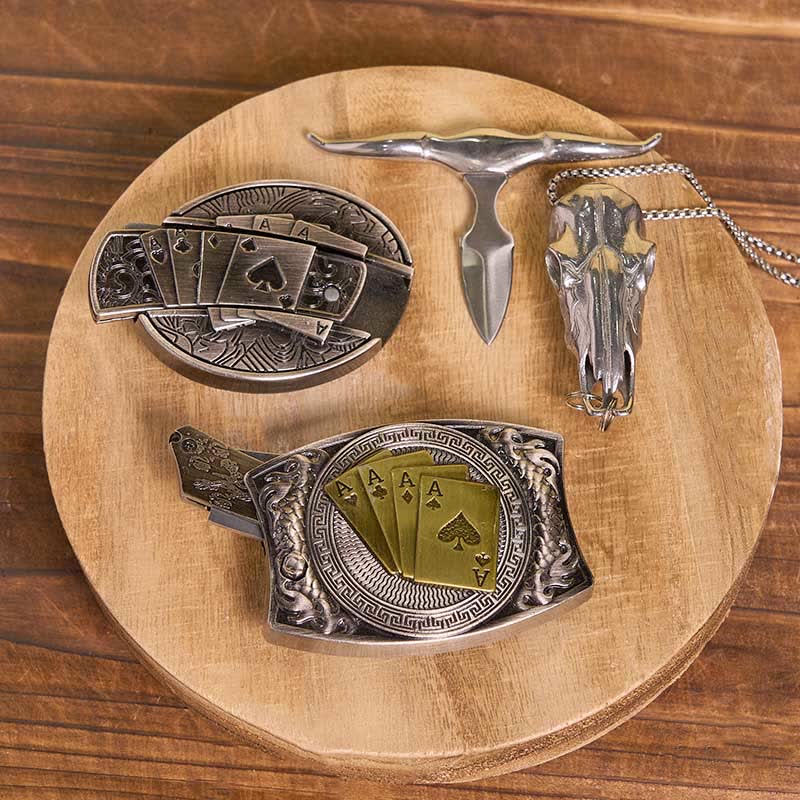 Juego de hebilla de cinturón con colgante de cuerno largo y anillo de toro con cuchillo oculto de póker DIY