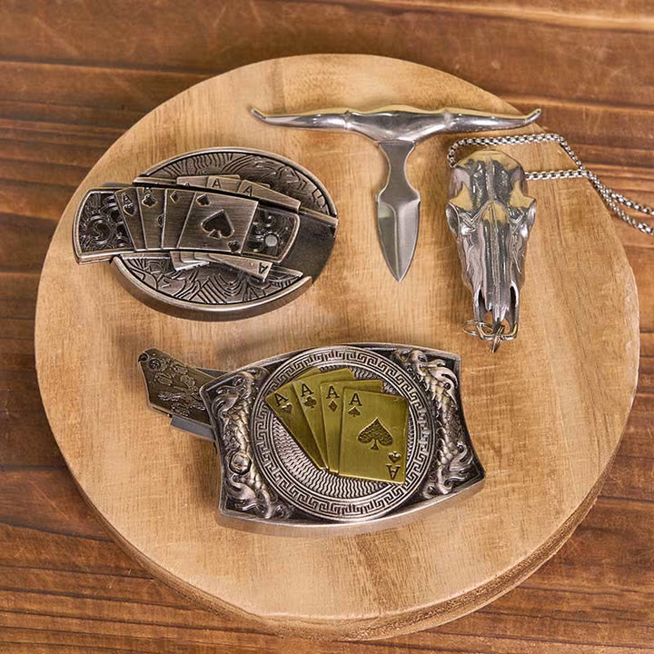 Juego de hebilla de cinturón con colgante de cuerno largo y anillo de toro con cuchillo oculto de póker DIY