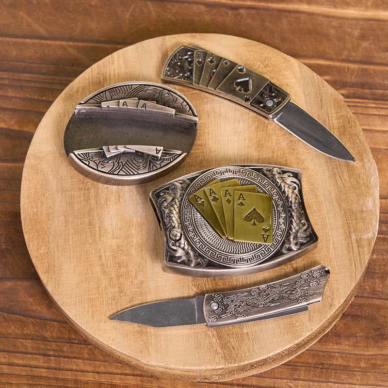 Juego de hebilla de cinturón con colgante de cuerno largo y anillo de toro con cuchillo oculto de póker DIY