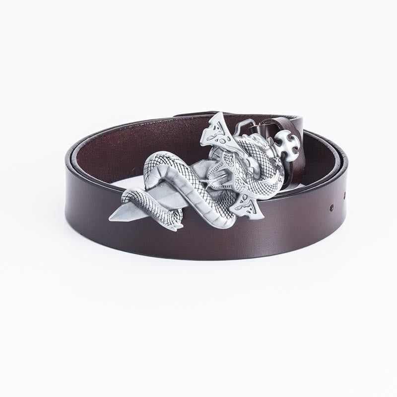 Cinturón de cuero con espada de caballero con serpiente occidental para hombre