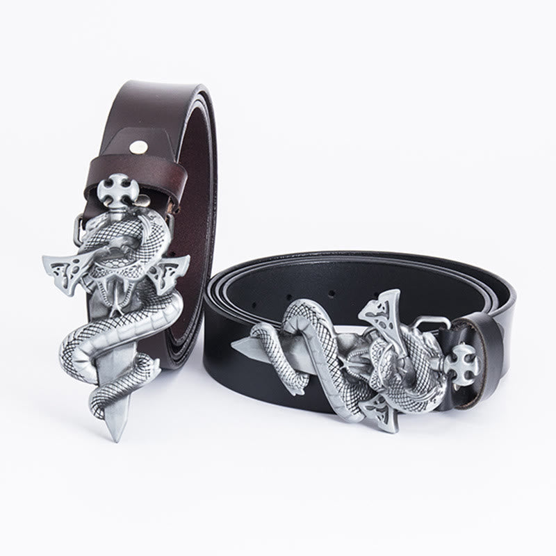 Cinturón de cuero con espada de caballero con serpiente occidental para hombre