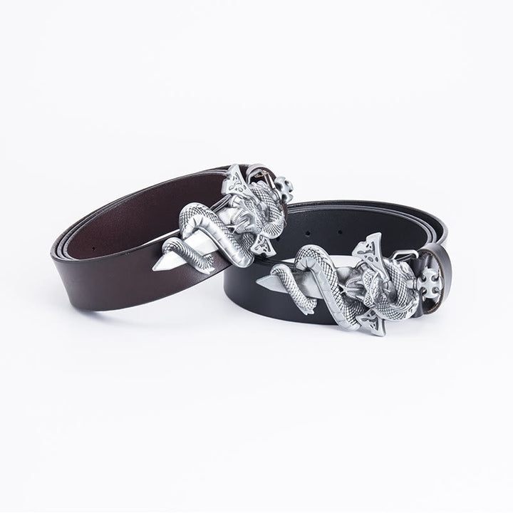 Cinturón de cuero con espada de caballero con serpiente occidental para hombre