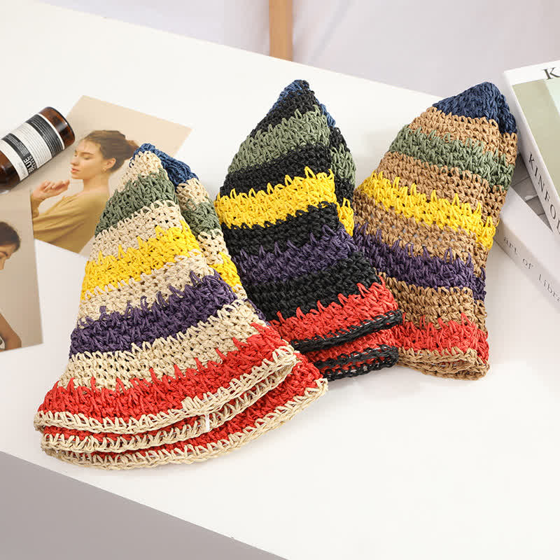 Sombrero de paja plegable con arcoíris colorido estilo bohemio para mujer