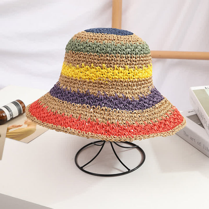 Sombrero de paja plegable con arcoíris colorido estilo bohemio para mujer