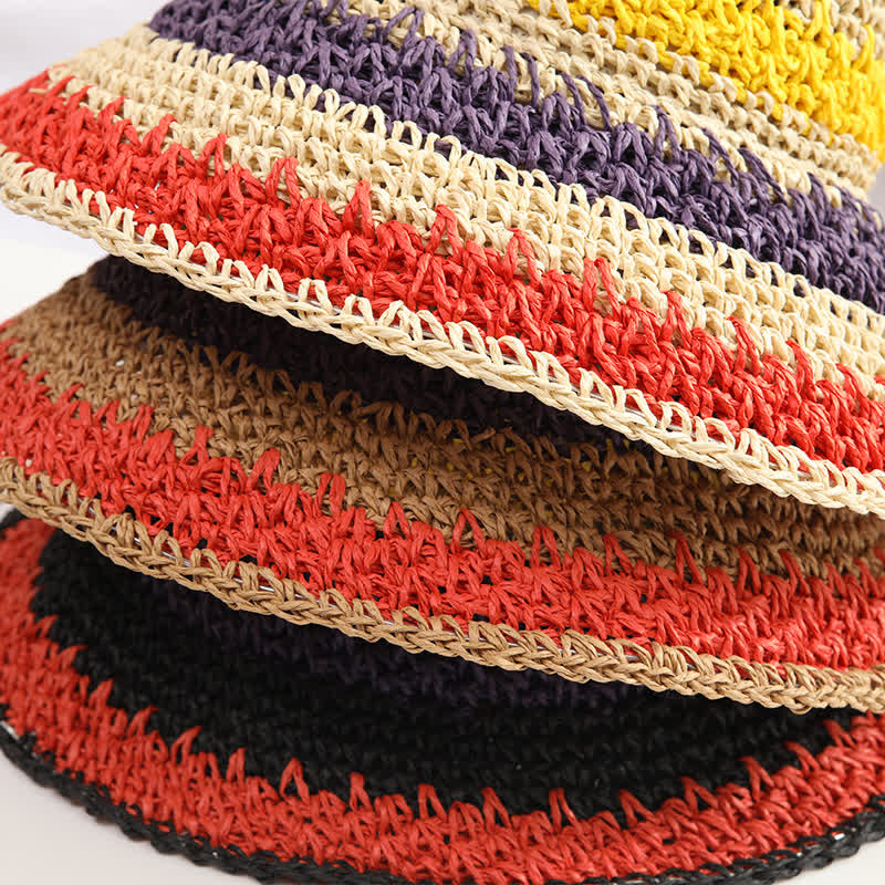 Sombrero de paja plegable con arcoíris colorido estilo bohemio para mujer