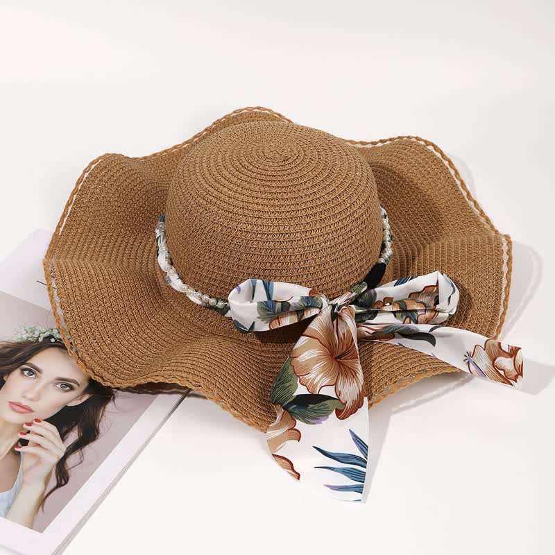 Sombrero de paja plegable con decoración de perlas y cinta de flores de verano para mujer
