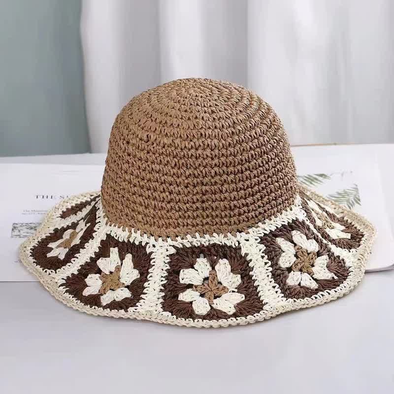 Sombrero de paja plegable con forma de cubo y crochet con flores tejidas para mujer