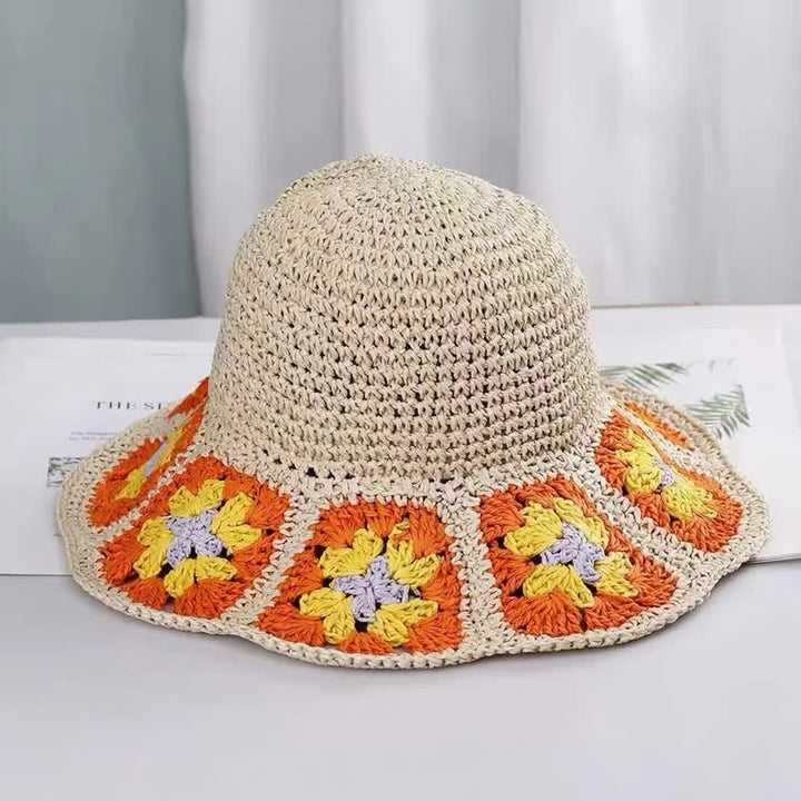 Sombrero de paja plegable con forma de cubo y crochet con flores tejidas para mujer