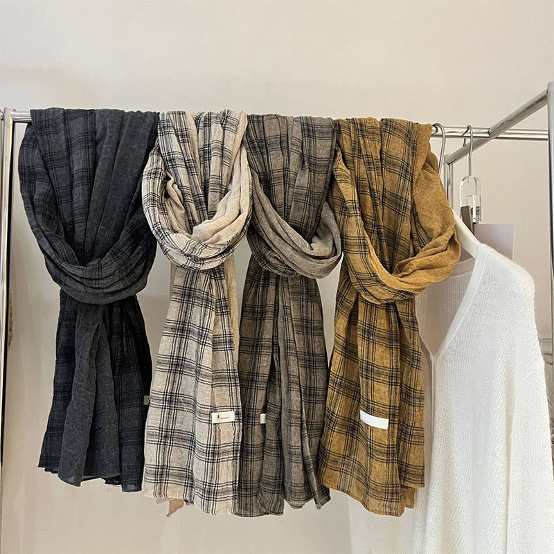 Bufanda fina de cuadros con empalmes de lino suave para primavera