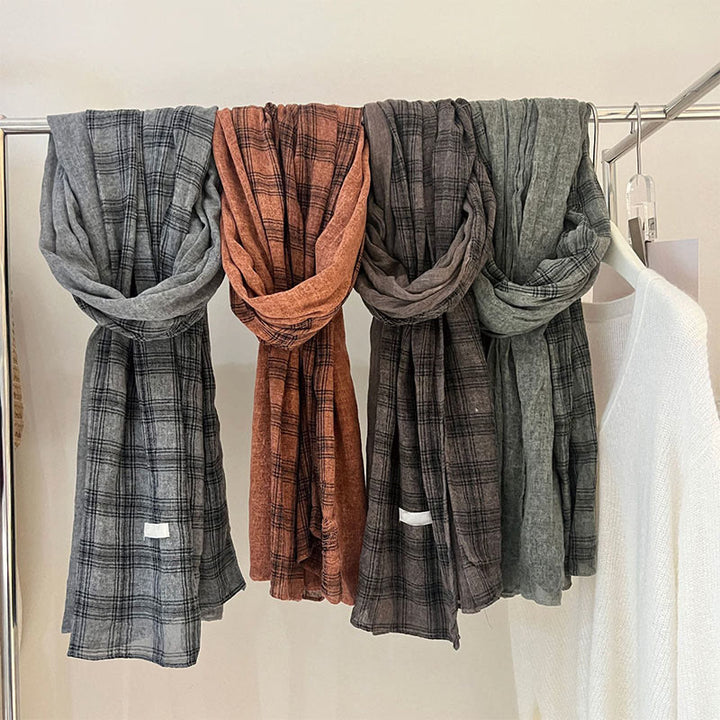 Bufanda fina de cuadros con empalmes de lino suave para primavera